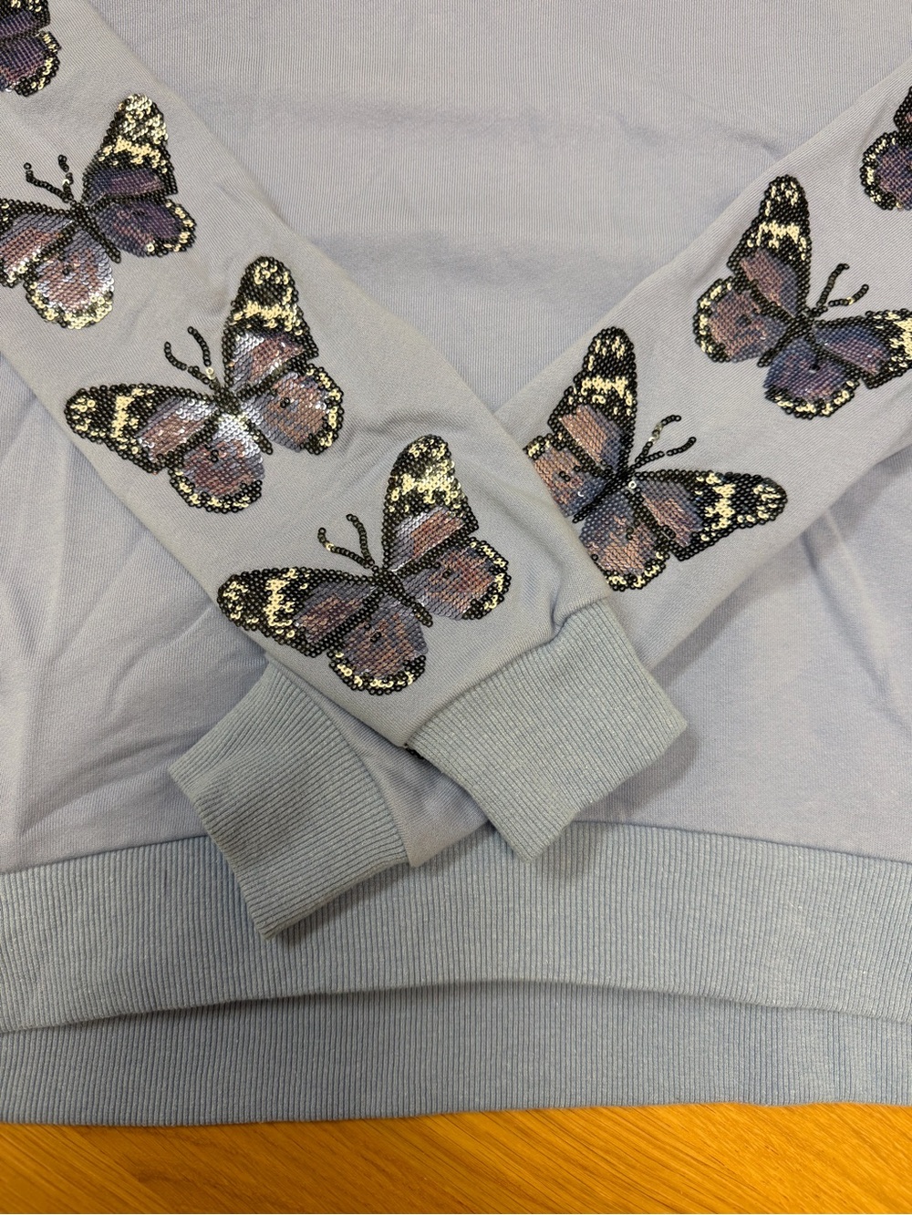 QUEEN OF SPARKLES Light Blue Crewneck Sweatshirt with Sleeve Heart Accents